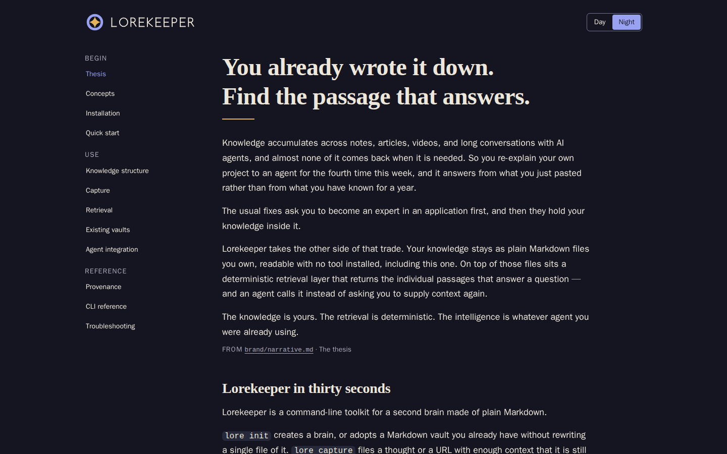 lorekeeper-bay.vercel.app home page, dark scheme, desktop viewport