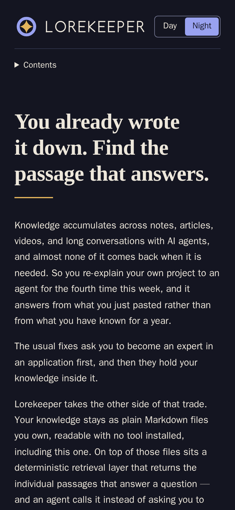 lorekeeper-bay.vercel.app home page, dark scheme, mobile viewport