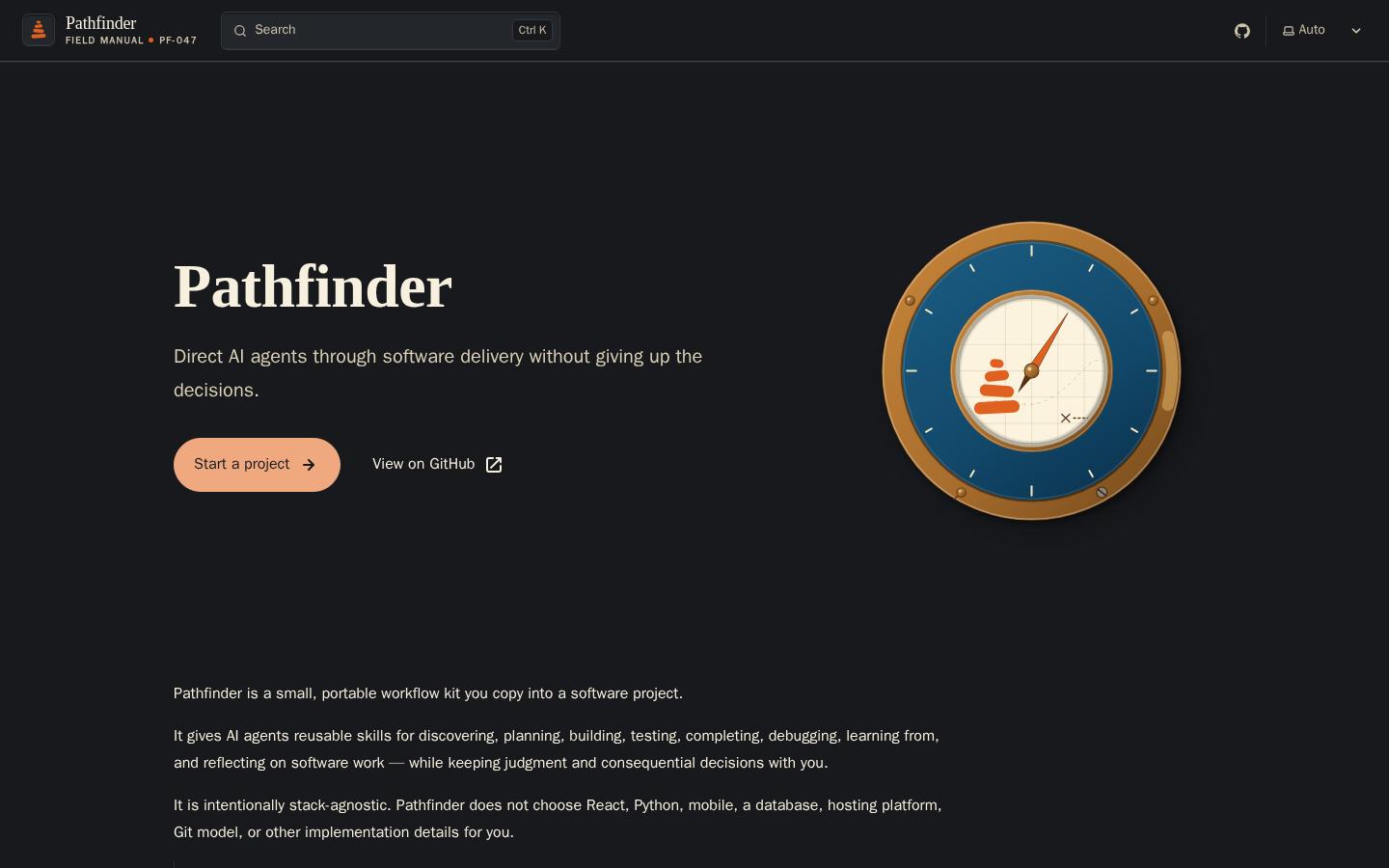 pathfinder-kit.vercel.app home page, dark scheme, desktop viewport