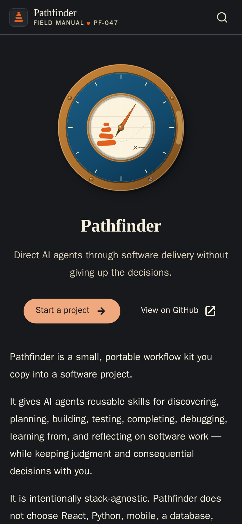 pathfinder-kit.vercel.app home page, dark scheme, mobile viewport